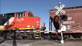 New LED - BNSF 6276 Manifest With CN North Flies By Twin Cities Road Railroad Crossing, Elk Grove CA
