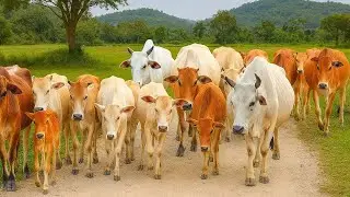 Vidio Mengembala sapi-sapi jinak bergerombolan menyusuri jalan menuju sawah hijau luas,Suasana alam.