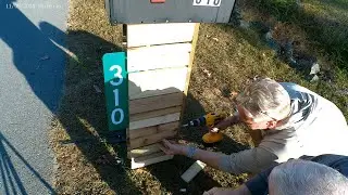 Build pallet board facade for mailbox, Gutter guards, Worx leaf vacuum. (Lake chores 7)