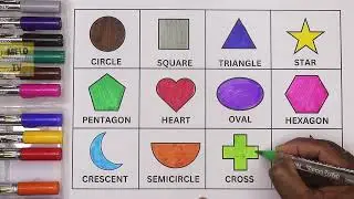 Learn 12 Shapes and 12 Colors for kids| Heart, pentagon, hexagon, cross, crescent, oval, square.