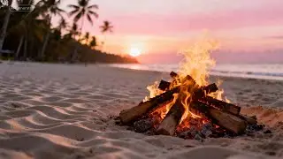 Sunset Beach Fire | Calm Ocean Wave Sounds (1h)