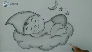 how to draw baby sleeping step by step/ Cloudy scenery with baby boy drawing