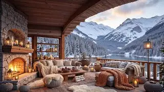 Winter Lakeside Porch with Fireplace Ambience ⛄🔥 Relaxing Piano Instrumental Music for Deep Focus