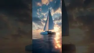 a sleek electric catamaran with pastel-tinted sails