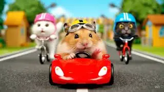 Hamster Racing with Car teasing the cats on Bicycle