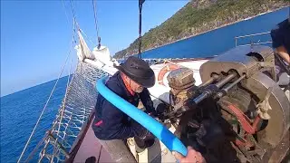 ABUSED crew weighing anchor by HAND 50m of ship's chain using 122year old winch. Solway Lass.