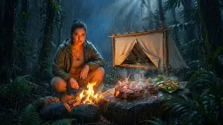 Alone in Rainy Jungle Night 🌧️🔥 | Survival Camping & Beef Steak ASMR