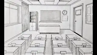 How to draw a classroom in one point perspective, timelapse