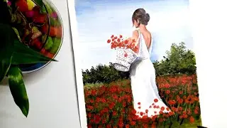 Beautiful lady in poppy field | acrylic painting for beginners