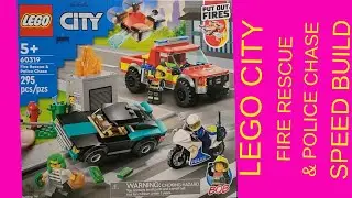 SPEED build of the LEGO City Fire Rescue & Police Chase. Drone, motorcycle, fire truck and car fun!