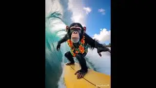 Monkey surfs a wave #surf #wave #monkey #chimpanzee #ai #klingai #clip #Hawaii #short