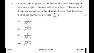 A small bulb is placed at the bottom of a tank containing a transparent liquid (refractive index n)