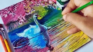 Easy Swan Lake Painting || Lake Scenery Acrylic Painting Step by Step for Beginners