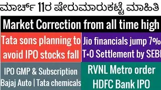 11 March stock market news|Tata sons IPO|Tata chemicals|Jio finance|RVNL|kfintech|RVNL|bajaj auto