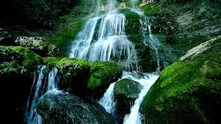 Mossy Rocky Mountain Waterfall. Relaxing Waterfall, Gentle Nature Sounds For Sleep, White Noise.