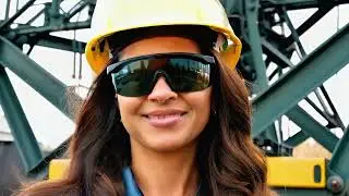 Firefly A woman wearing coveralls, helmet, safety shoes, dark safety glasses, safety gloves  She has