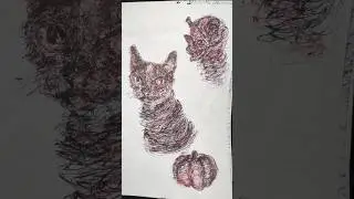 Drawing the essence of fall with both my hands #ambidextrous #fall #cat #penart #drawing #autumn
