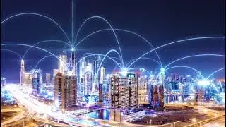 stock footage smart city aerial drone footage hologram information arches forming during network com