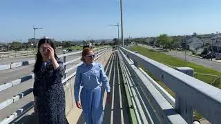 Long Beach NY crossing Atlantic Beach Bridge on foot walking tour Rockaway Beach Queens NYC USA 2021