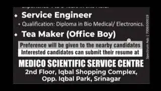 MEDICO SCIENTIFIC SERVICE CENTRE SRINAGAR || JOBS