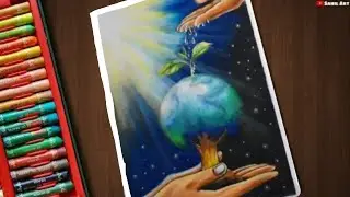 how to draw scenery of tree plantation with oil pastel color,save environment drawing step by step,