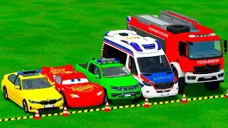 Перевозка полицейских машин Volkswagen, McQueen, Ford и пожарных Mercedes! FS22