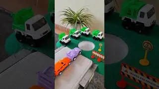 Jcb monster car pushing sport car and green truck in pit