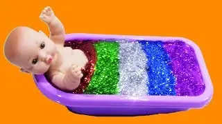 Baby Doll Bath Time Glitter Slime - Learn Colors with Play Doh Baby Bath Time