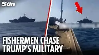 Moment tiny fishing boat HUNTS Trump's naval beast off the coast of Iran