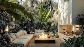 Modern Tropical Villa Fireplace Ambience | Smooth Jazz Melodies for Focus and Study