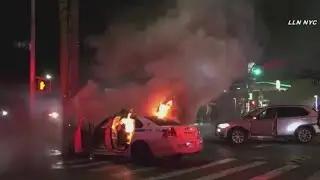 NYPD car bursts into flames after BK crash