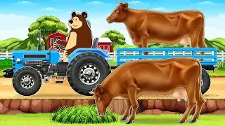 Farmer & Tractor: Breeding Farm Brown Cow Plowing Fields | Vehicles Farm