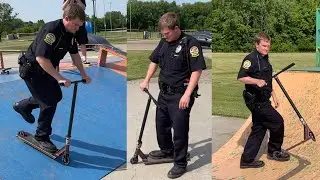 Cop Rides Scooter at Skatepark!