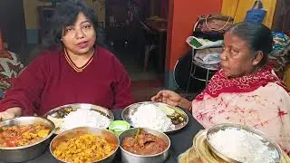Big bites Eating Echor Chingri Chicken lal lal jhol Basmoti Rice Telapiya Fish curry/Mukbang/ASMR 