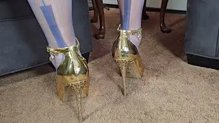 Blue Stockings and Gold Platform High Heels