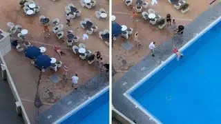Mad Holidaymaker Slides on Concrete Into Pool