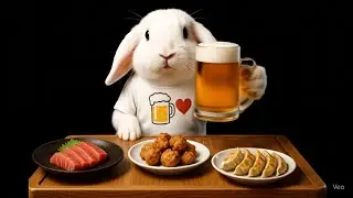 【ASMR】A rabbit drinking beer with Japanese izakaya dishes.｜ウサギが居酒屋メニューでビールを飲む