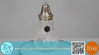 Vintage Stuart 30% Lead Crystal Sugar Sifter, Silver Plate Top with Etched Fuschia Flower Design