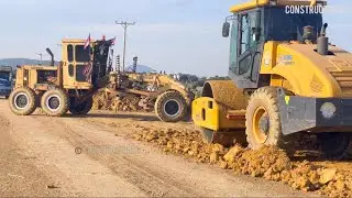 Full Processing New Project Work With Skills Operator Grader caterpillar  Pushing Stone & Road Rolle