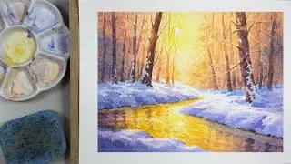 Watercolor Landscape &ndash; Glowing Stream Through a Snowy Forest