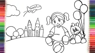 Cute Girl & Teddy Bear Colouring Page 🧸🎈 | Easy Coloring for Kids | Fun Park Scene
