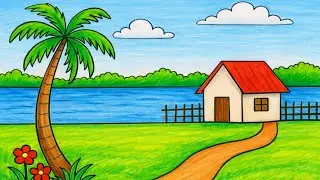 How to draw easy village scenery | Natural scenery drawing. Easy drawing. Beautiful scenery art