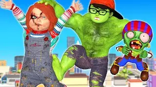 Scary Stranger 3D - NickHulk and Tani Harley Quinn vs Chucky and Giant Zombie Funny Gaming