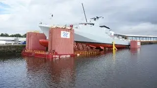 Royal Navy&rsquo;s new offshore patrol vessel HMS Forth being lowered into the water for the first time