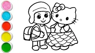 Милый Покойо со школьной сумкой и Hello Kitty: рисунок, раскраска и иллюстрация для детей и малышей.