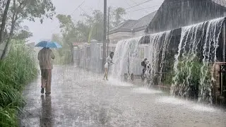 Heavy Rain & Thunder Sweeping Through in Quiet Village | Super Sleep Aid - Peaceful Sleep Vibes