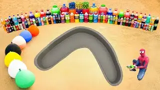 How to make Boomerang hole with Cement & Orbeez, Big Coca Cola, Sodas, 7up, Mtn Dew, Fanta vs Mentos