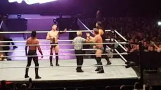Finn B&aacute;lor having some fun with Chris Jericho's scarf in Melbourne 11/08/16