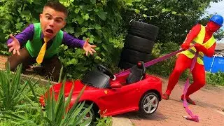 Red Man pulled Car out of Ditch with Rope & Mr. Joe on Broken Ferrari F12 Berlinetta for Children