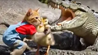 A Cat Saves a Lost Duckling from a Crocodile 🐱🦆